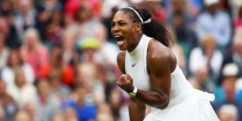 Serena Williams on court during her Wimbledon vistory