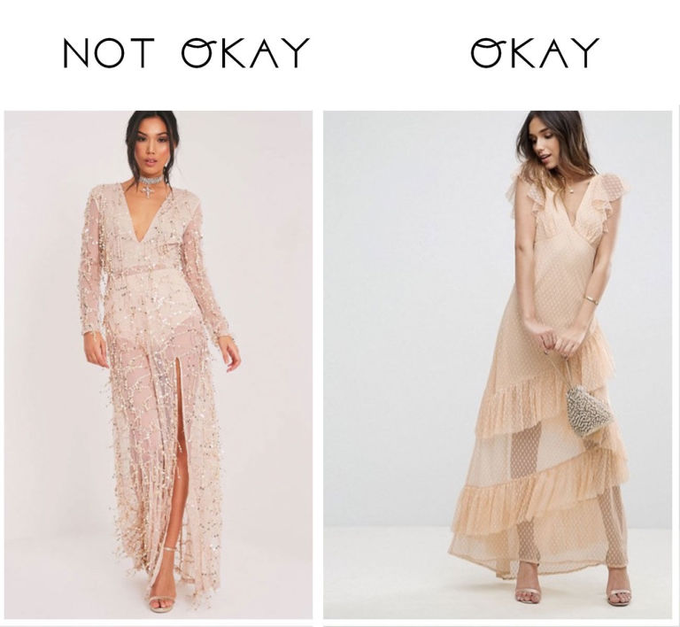 What Not To Wear A Wedding Sheer Panels Around The Upper Chest And Legs Are Okay So Long As You Re Not Revealing Anything That Wouldn T Be Considered Kosher At A Formal Event